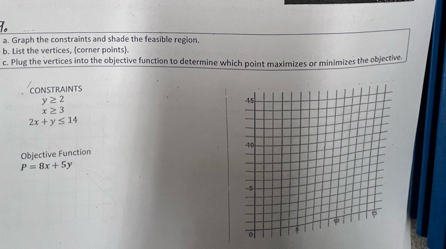 Graph the constraints and shade the feasible region. 
b. List the vertices, (corner points). 
c. Plug the vertices into the objective function to determine which point maximizes or minimizes the objective. 
CONSTRAINTS
y≥ 2
x≥ 3
2x+y≤ 14
Objective Function
P=8x+5y