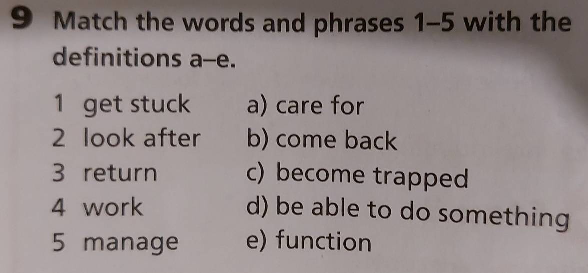 Match the words and phrases 1-5 with the
definitions a--e.
1 get stuck a) care for
2 look after b) come back
3 return c) become trapped
4 work d) be able to do something
5 manage e) function