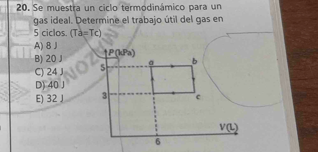 Se muestra un ciclo termodinámico para un
gas ideal. Determine el trabajo útil del gas en
5 ciclos. (Ta=Tc)
A) 8 J
B) 20 J
C) 24 J
D) 40 J
E) 32 J