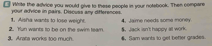 Write the advice you would give to these people in your notebook. Then compare 
your advice in pairs. Discuss any differences. 
1. Aisha wants to lose weight. 4. Jaime needs some money. 
2. Yun wants to be on the swim team. 5. Jack isn't happy at work. 
3. Arata works too much. 6. Sam wants to get better grades.