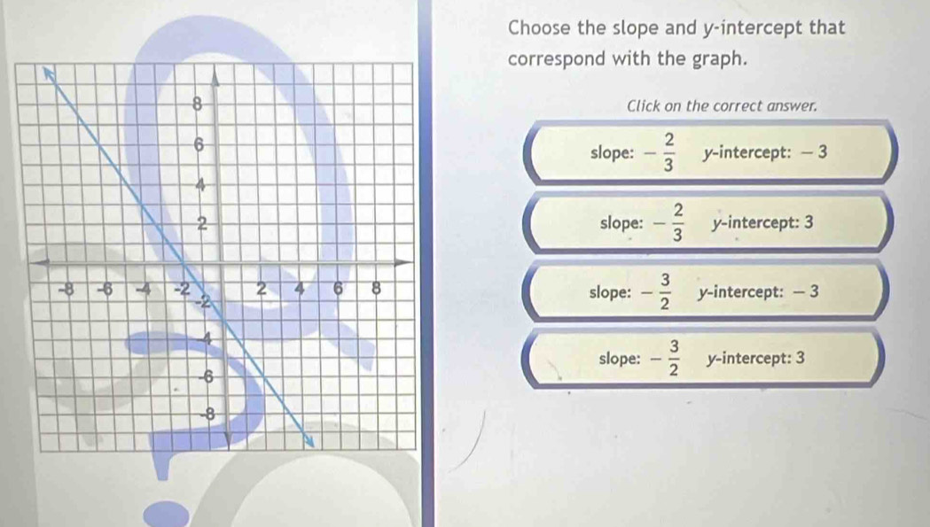 Choose the slope and y-intercept that
correspond with the graph.
Click on the correct answer.
slope: - 2/3  y-intercept: - 3
slope: - 2/3  y-intercept: 3
slope: - 3/2  y-intercept: - 3
slope: - 3/2  y-intercept: 3