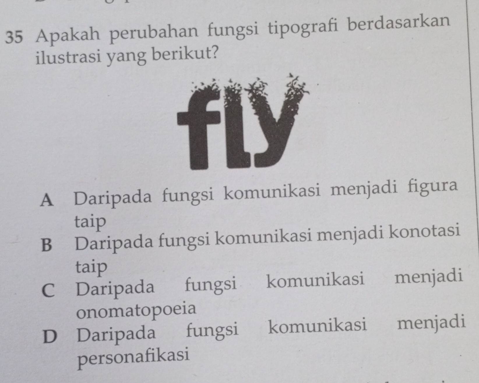 Apakah perubahan fungsi tipografi berdasarkan
ilustrasi yang berikut?
A Daripada fungsi komunikasi menjadi figura
taip
B Daripada fungsi komunikasi menjadi konotasi
taip
C Daripada fungsi komunikasi i menjadi
onomatopoeia
D Daripada fungsi komunikasi menjadi
personafikasi