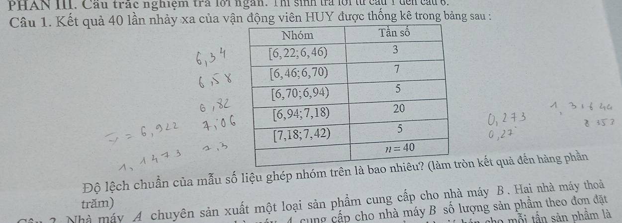 PHAN III. Cầu trác nghiệm trà lôi ngàn. Thì sinh là lới từ cầu 1 đến cầu 6.
Câu 1. Kết quả 40 lần nhảy xa của vận động viên HUY được thống kê trong bảng sau :
Độ lệch chuẩn của mẫu số liệu ghép nhóm trên là baròn kết quả đến hàng phần
trăm)
? Nhà máy A chuyên sản xuất một loại sản phẩm cung cấp cho nhà máy B. Hai nhà máy thoả
4 cung cấp cho nhà máy B số lượng sản phầm theo đơn đặt
cho mỗi tấn sản phầm là