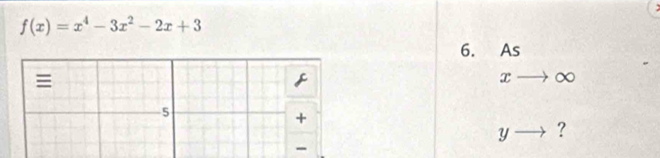 f(x)=x^4-3x^2-2x+3
6. As
x ∞
Y ?