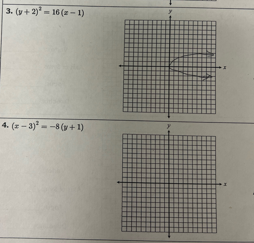 (y+2)^2=16(x-1)
4. (x-3)^2=-8(y+1)