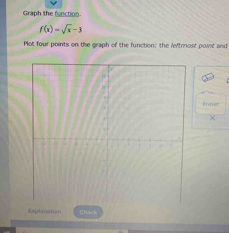 Graph the function.
f(x)=sqrt(x)-3
Plot four points on the graph of the function: the leftmost point and 
Eraser 
× 
Chack