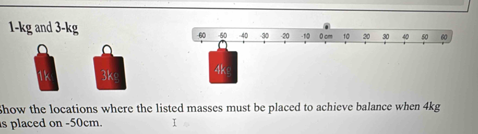 1-kg and 3-kg
1k 3kg
Show the locations where the listed masses must be placed to achieve balance when 4kg
s placed on -50cm.