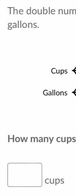 The double num
gallons. 
Cups
Gallons
How many cups
□  cups