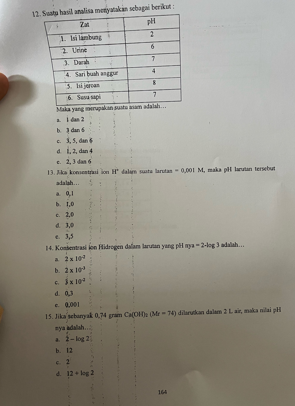 enyatakan sebagai berikut :
Maka yang merupa
a. 1 dan 2
b. 3 dan 6
c. 3, 5, dan 6
d. 1, 2, dan 4
e. 2, 3 dan 6
13. Jika konsentrasi ion H^+ dalam suatu larutan =0,001M , maka pH larutan tersebut
adalah...
a. 0, 1
b. 1, 0
c. 2, 0
d. 3, 0
e. 3, 5
14. Konsentrasi ion Hidrogen dalam larutan yang pH ny a=2-log 3 adalah...
a. 2* 10^(-2)
b. dot 2* 10^(-3)
c. 3* 10^(-2)
d. 0,3
e. Q,001
15. Jika sebanyak 0,74 gram Ca(OH)_2(Mr=74) dilarutkan dalam 2 L air, maka nilai pH
nya adalah...
a. hat 2-log 2
b. 12
c. 2
d. 12+log 2
164