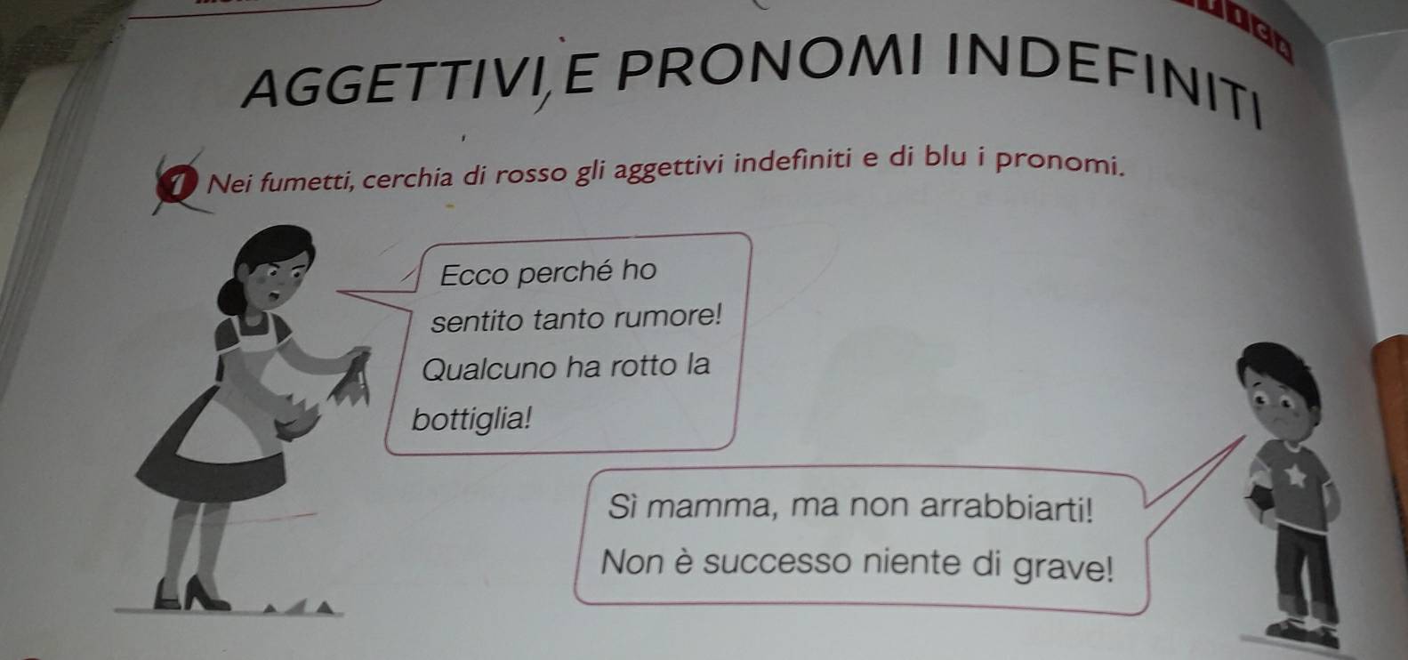 oer 
AGGETTIVI E PRONOMI INDEFINITI 
Nei fumetti, cerchia di rosso gli aggettivi indefiniti e di blu i pronomi. 
Ecco perché ho 
sentito tanto rumore! 
Qualcuno ha rotto la 
bottiglia! 
Sì mamma, ma non arrabbiarti! 
Non è successo niente di grave!