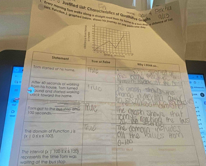 Justified List: Characteristics of Qualitative Graphs 
. Every morning Tom walks along a straight road from his homut stop a distance of 16
ters. Function J, graphed below, shows his journday 
Statement True or False Why I think so... 
Tom started at his home. 
After 60 seconds of walking 
from his house, Tom turned 

ound and started walking toors 
back toward the home. 
Mail 
Tam got to the bus stop after
100 seconds
Meet 
The domain of Function J is
(x|0≤ x≤ 100 , 
The Interval  x|100≤ x≤ 120
represents the time Tom was 
waiting at the bus stop.