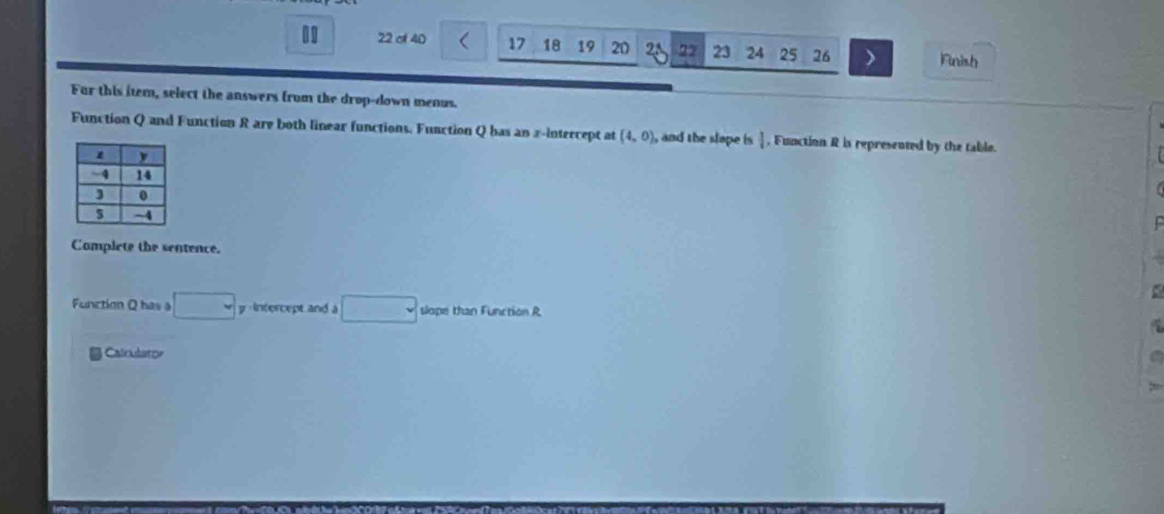 00 22 c 40 17 18 19 20 2A 27 23 24 25 26 Finish 
Fur this item, select the answers from the drop-down menus. 
Function Q and Function R are both linear functions. Function Q has an x-intercept at (4,0) , and the slape is downarrow . Function R is represented by the table. 
Complete the sentence. 
Function Q has a □ y -Intercept and a □ slope than Function R
J Calculator