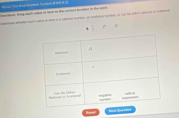 G8-A2-The Real Number System (8.NS.A.1)
Directions: Drag each value or term to the correct location in the table.
Determine whether each value or term is a rational number, an irrational number, or can be either rational or irrational.
 7/11  sqrt(7) sqrt(3)
Reset Next Question