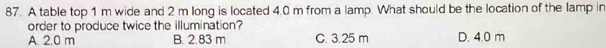 A table top 1 m wide and 2 m long is located 4.0 m from a lamp. What should be the location of the lamp in
order to produce twice the illumination?
A. 2.0 m B. 2.83 m C. 3.25 m D. 4.0 m