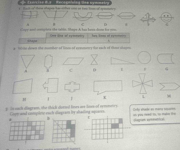 Recognising line symmetry 
1 Each of these shapes has either one or two lines of symmetry. 
AC D B G 
Copy and complete the table. Shape A has been done for you. 
One line of symmetry Two lines of symmetry 
Shape A
2 Write down the number of lines of symmetry for each of these shapes. 
A D E .F G
H I JM
3 In each diagram, the thick dotted lines are lines of symmetry. 
Copy and complete each diagram by shading squares. Only shade as many squares 
a as you need to, to make the 
b 
C 
diagram symmetrical. 
. 
n to s o uared naper.