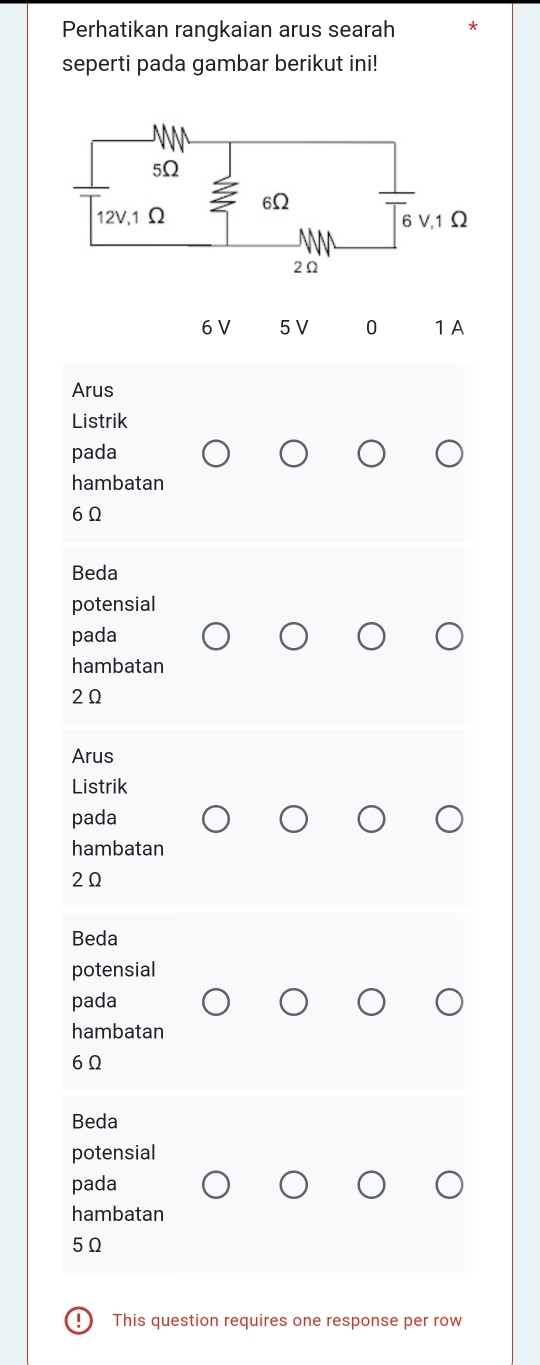 Perhatikan rangkaian arus searah 
seperti pada gambar berikut ini!
6 V 5V 0 1A 
Arus 
Listrik 
pada 
hambatan
6Ω
Beda 
potensial 
pada 
hambatan
2Ω
Arus 
Listrik 
pada 
hambatan
2Ω
Beda 
potensial 
pada 
hambatan
6Ω
Beda 
potensial 
pada 
hambatan
5Ω! This question requires one response per row