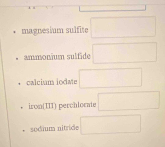 □  
• magnesium sulfite □
ammonium sulfide □
calcium iodate □
iron(III) perchlorate □ 
sodium nitride □