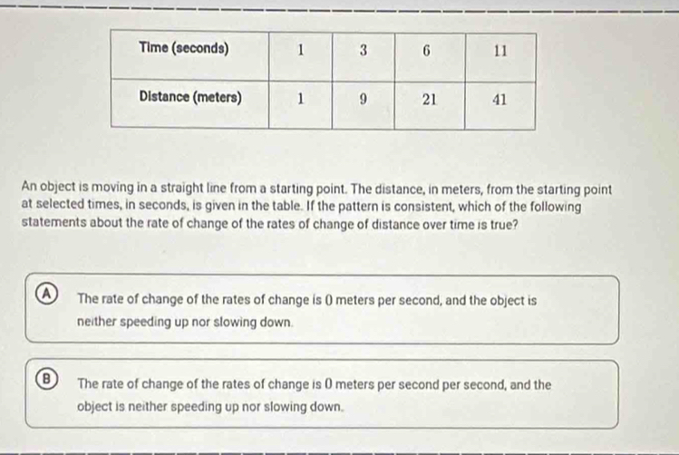 An object is moving in a straight line from a starting point. The distance, in meters, from the starting point
at selected times, in seconds, is given in the table. If the pattern is consistent, which of the following
statements about the rate of change of the rates of change of distance over time is true?
a The rate of change of the rates of change is () meters per second, and the object is
neither speeding up nor slowing down.
B The rate of change of the rates of change is 0 meters per second per second, and the
object is neither speeding up nor slowing down.