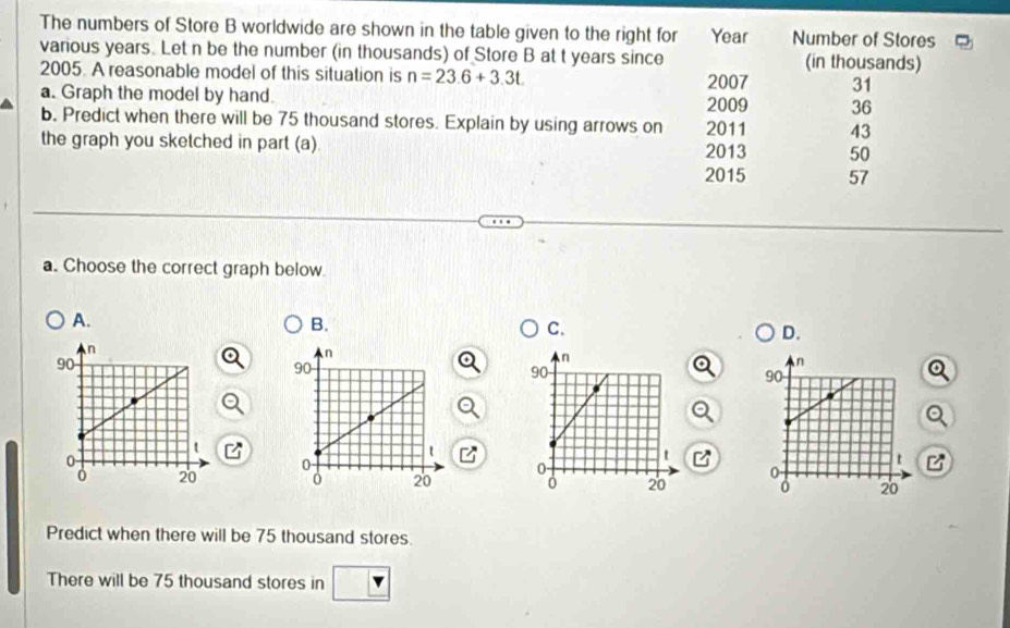 The numbers of Store B worldwide are shown in the table given to the right for Year Number of Stores
various years. Let n be the number (in thousands) of Store B at t years since (in thousands)
2005. A reasonable model of this situation is n=23.6+3.3t 2007 31
a. Graph the model by hand. 2009 36
b. Predict when there will be 75 thousand stores. Explain by using arrows on 2011 43
the graph you sketched in part (a) 2013 50
2015 57
a. Choose the correct graph below.
A.
B.
C.
D.
Predict when there will be 75 thousand stores.
There will be 75 thousand stores in