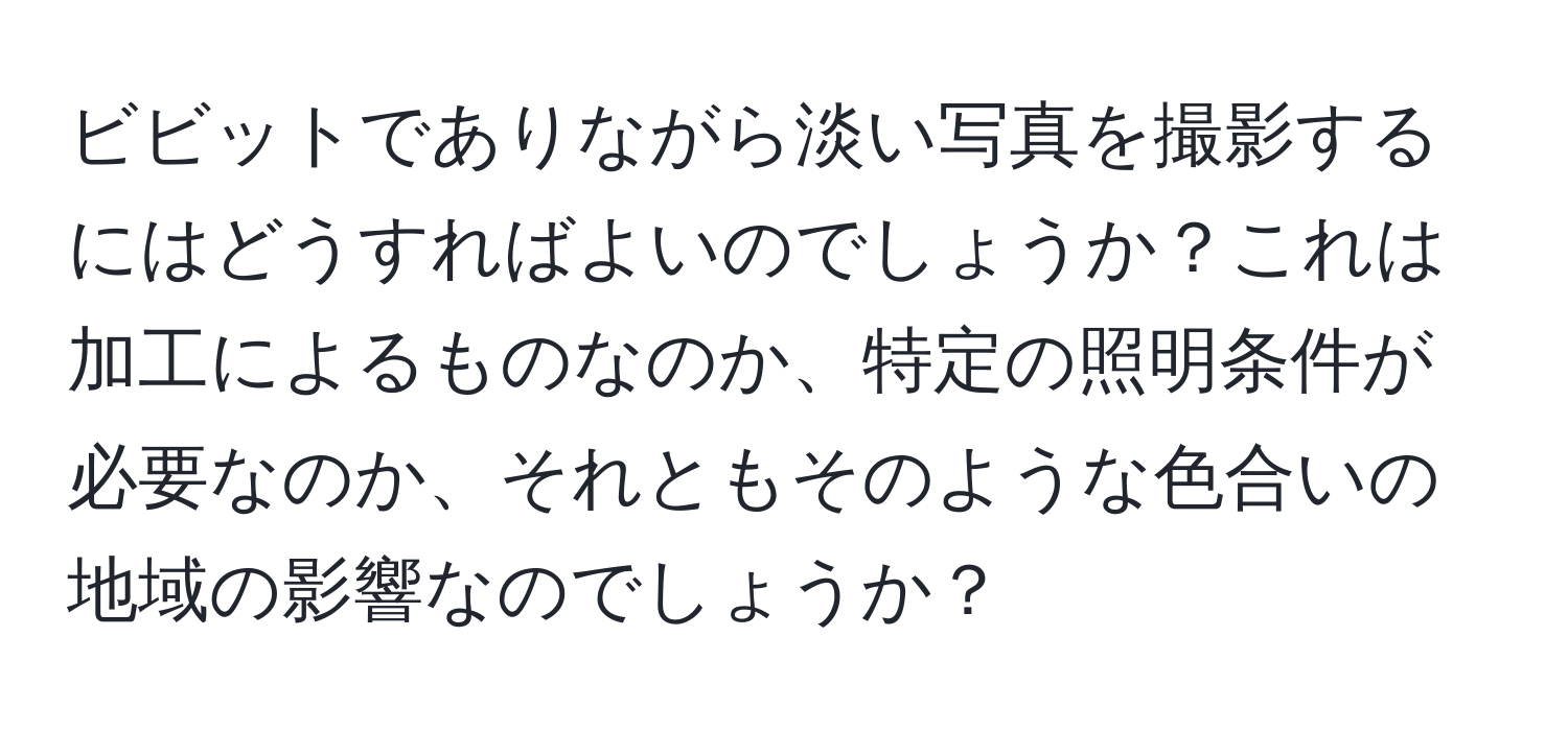 ビビットでありながら淡い写真を撮影するにはどうすればよいのでしょうか？これは加工によるものなのか、特定の照明条件が必要なのか、それともそのような色合いの地域の影響なのでしょうか？