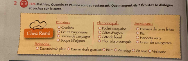 T176 Mathieu, Quentin et Pauline sont au restaurant. Que mangent-ils ? Écoutez le dialogue 
et cochez sur la carte. 
Entrées : Plat principal : Servi avec : 
Crudités Poulet basquaise Pommes de terre frites 
Œufs mayonnaise Côtes d'agneau 
Chez René Terrine de campagne Côte de bœuf Riz Haricots verts 
Soupe à l'oignon Thon à la provençale Gratin de courgettes 
Boissons : 
O Eau minérale plate 〇 Eau minérale gazeuse 〇 Bière 〇 Vin rouge 〇 Vin rosé 〇 Vin blanc