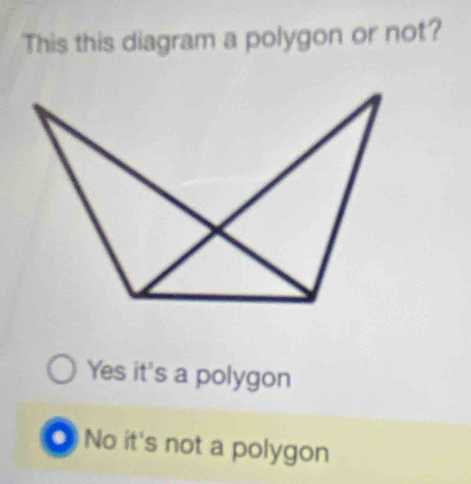 This this diagram a polygon or not?
Yes it's a polygon
0 No it's not a polygon