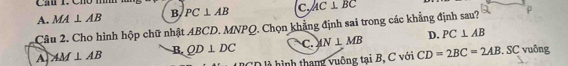 Cầh 1. Chú mm
A. MA⊥ AB B PC⊥ AB c, AC⊥ BC
Câu 2. Cho hình hộp chữ nhật ABCD. MNPQ. Chọn khẳng định sai trong các khẳng định sau? ρ
A AM⊥ AB B. QD⊥ DC C. MN⊥ MB D. PC⊥ AB. SC vuông
CD là hình thang vuông tại B, C với CD=2BC=2AB