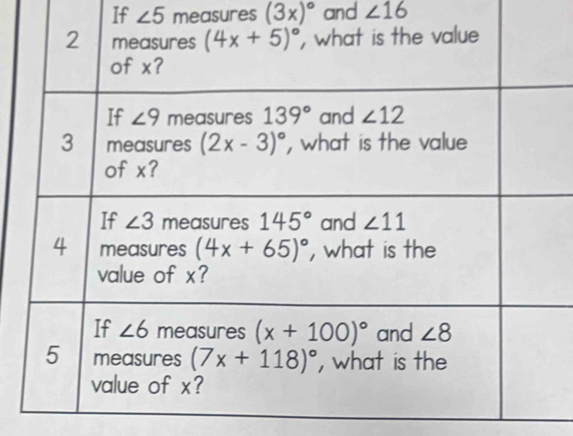 If ∠ 5 measures (3x)^circ  and ∠ 16