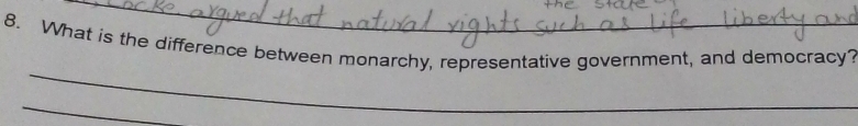 What is the difference between monarchy, representative government, and democracy? 
_ 
_