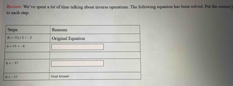 Review: We’ve spent a lot of time talking about inverse operations. The following equation has been solved. Put the correct j
to each step.