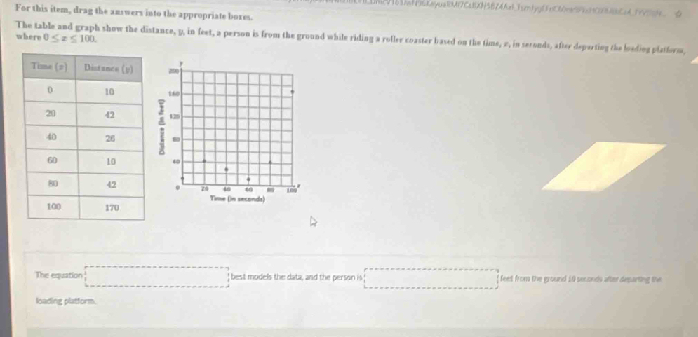 LDM283)N6KeyuaBM17Cc1XH58Z4Ax1_fsm)jgfFnC&0na5FkcHC548C4_F99D 9 
For this item, drag the answers into the appropriate boxes. 
where 0≤ x≤ 100. 
The table and graph show the distance, y, in feet, a person is from the ground while riding a roller coaster based on the time, 2, in seconds, after departing the loading plaiform, 
The equation □ best models the data, and the person is _  feet from the ground 10 seconds after departing the 
loading platform.