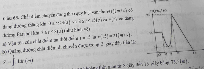 Chất điểm chuyển động theo quy luật vận tốc v(t)(m/s) có
dạng đường thẳng khi 0≤ t≤ 3(s) và 8≤ t≤ 15(s) và v(t) có dạng 
đường Parabol khi 3≤ t≤ 8(s) (như hình vẽ)
a) Vận tốc của chất điểm tại thời điểm t=15 là v(15)=21(m/s).
b) Quãng đường chất điểm di chuyển được trong 3 giây đầu tiên là:
S_1=∈tlimits^311dt(m)
khoảng thời gian từ 8 giây đến 15 giây bằng 73,5(m).