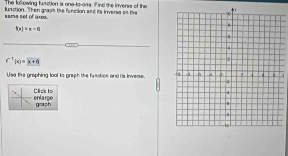 The following function is one-to-one. Find the inverse of the 
function. Then graph the function and its inverse on the 
same set of axes.
f(x)=x-6
f^(-1)(x)=x+6
Use the graphing tool to graph the function and its inverse. 1 
Click to 
enlarge 
graph