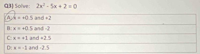 Q3) Solve: 2x^2-5x+2=0