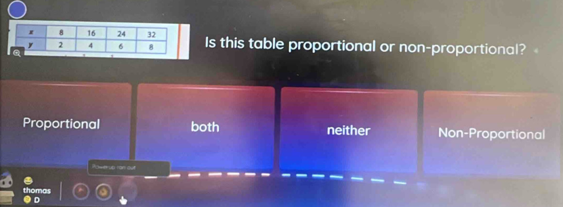 Is this table proportional or non-proportional?
Proportional both neither Non-Proportional
Powerup ran out
thomas