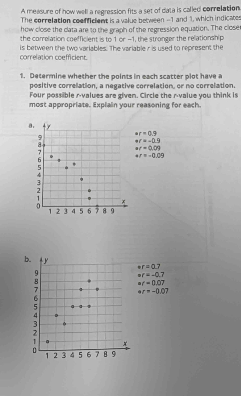 A measure of how well a regression fits a set of data is called correlation.
The correlation coefficient is a value between -1 and 1, which indicates
how close the data are to the graph of the regression equation. The closer
the correlation coefficient is to 1 or −1, the stronger the relationship
is between the two variables. The variable r is used to represent the
correlation coefficient.
1. Determine whether the points in each scatter plot have a
positive correlation, a negative correlation, or no correlation.
Four possible r -values are given. Circle the r -value you think is
most appropriate. Explain your reasoning for each.
a. y r=0.9
9
.
r=-0.9
8
. r=0.09
7
r=-0.09
6
5
4
3
2
1
x
0
1 2 3 4 5 6 7 8 9
b. y
er=0.7
9
circ r=-0.7
8
or=0.07
7
circ r=-0.07
6
5
4
3
2
1
x
0
1 2 3 4 5 6 7 8 9