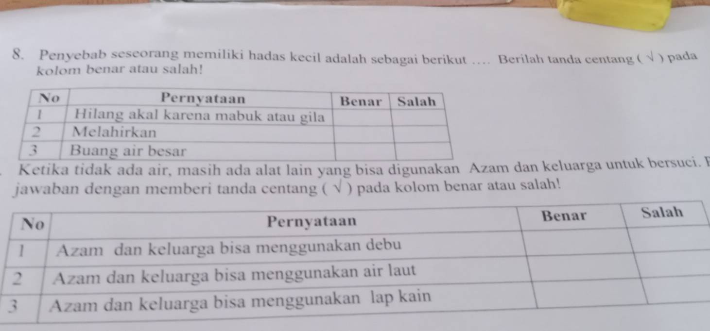 Penyebab sescorang memiliki hadas kecil adalah sebagai berikut … Berilah tanda centang ( √ ) pada 
kolom benar atau salah! 
Ketika tidak ada air, masih ada alat lain yang bisa digunakan Azam dan keluarga untuk bersuci. I 
jawaban dengan memberi tanda centang ( √ ) pada kolom benar atau salah!