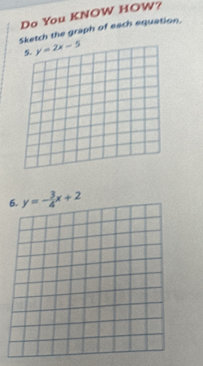 Do You KNOW HOW?
Sketch the graph of each equation.
y=2x-5
y=- 3/4 x+2