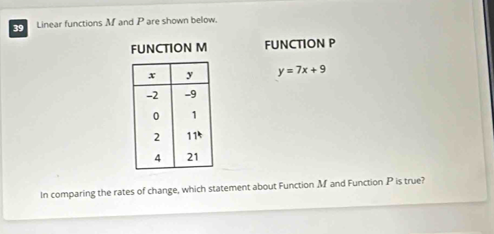 Linear functions M and P are shown below. 
FUNCTION M FUNCTION P
y=7x+9
In comparing the rates of change, which statement about Function M and Function P is true?