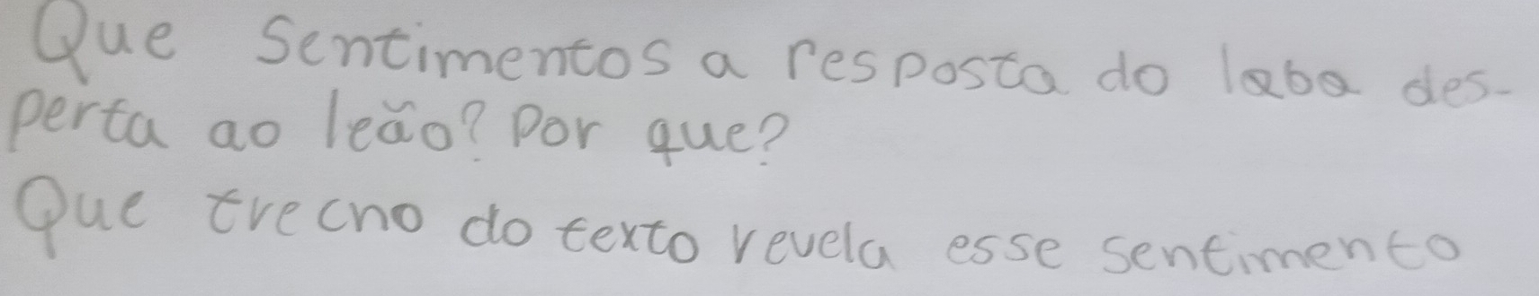 Gue Sentimentos a resposta do labe des 
perta ao leao? por que? 
Oue erecno do texto revela esse sentimento