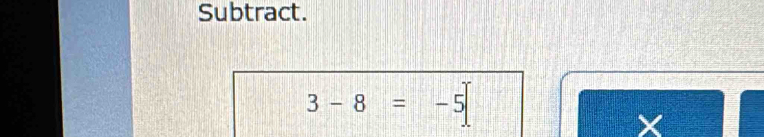 Subtract.
3-8=-5
X