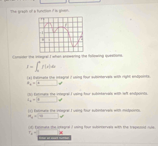 The graph of a function f is given. 
Consider the integral I when answering the following questions.
I=∈t _0^(8f(x)dx
(a) Estimate the integral I using four subintervals with right endpoints.
R_4)= 4
(b) Estimate the integral I using four subintervals with left endpoints.
L_4=boxed 6
(c) Estimate the integral I using four subintervals with midpoints.
M_4=boxed 10
(d) Estimate the integral I using four subintervals with the trapezoid rule.
T_4=□ *
Enter an exact number.