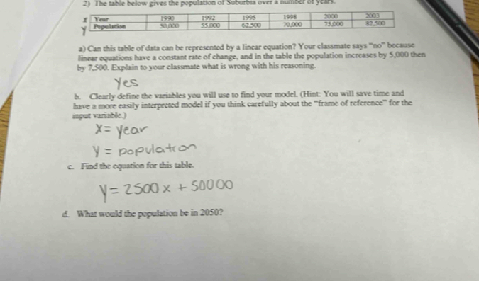 The table below gives the population of Suburbia over a number of years. 
a) Can this table of data can be represented by a linear equation? Your classmate says “no” because 
linear equations have a constant rate of change, and in the table the population increases by 5,000 then 
by 7,500. Explain to your classmate what is wrong with his reasoning. 
h. Clearly define the variables you will use to find your model. (Hint: You will save time and 
have a more easily interpreted model if you think carefully about the “frame of reference” for the 
input variable.) 
c. Find the equation for this table. 
d. What would the population be in 2050?