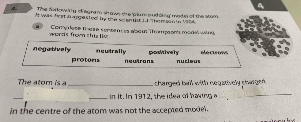 The following diagram shows the ‘plum pudding’ model of the atom.
It was first suggested by the scientist J.J. Thomson in 1904.
a Complete these sentences about Thompson's model using
words from this list.
negatively neutrally positively electrons
protons neutrons nucleus
The atom is a _charged ball with negatively charged
_in it. In 1912, the idea of having a_
in the centre of the atom was not the accepted model.