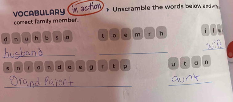 in action 
VOCABULARY > Unscramble the words below and write 
correct family member. 
d n u h b s a t o e m r h 
i f w 
_ 
_ 
_ 
u t a n 
s n r In d ajeg r t p 
_ 
_