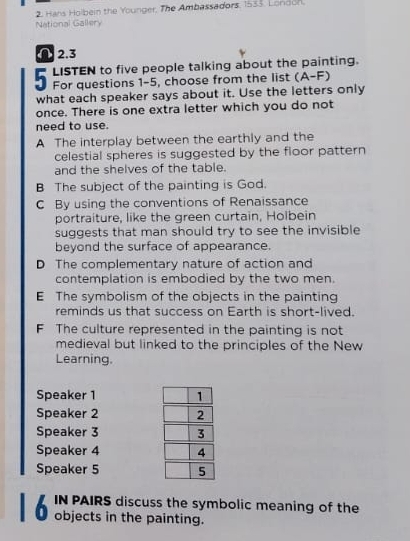 Hans Holbein the Younger, The Ambassadors, 1535. London.
National Gallery
2.3
LISTEN to five people talking about the painting.
For questions 1-5, choose from the list (A-F)
what each speaker says about it. Use the letters only
once. There is one extra letter which you do not
need to use.
A The interplay between the earthly and the
celestial spheres is suggested by the floor pattern
and the shelves of the table.
B The subject of the painting is God.
C By using the conventions of Renaissance
portraiture, like the green curtain, Holbein
suggests that man should try to see the invisible
beyond the surface of appearance.
D The complementary nature of action and
contemplation is embodied by the two men.
E The symbolism of the objects in the painting
reminds us that success on Earth is short-lived.
F The culture represented in the painting is not
medieval but linked to the principles of the New
Learning.
Speaker 1 
Speaker 2 
Speaker 3 
Speaker 4 
Speaker 5 
IN PAIRS discuss the symbolic meaning of the
objects in the painting.