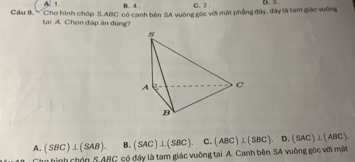 A. 1. B. 4. C. 2. D. 3.
Câu 9. Cho hình chóp S. ABC có canh bên SA vuông góc với mặt phẳng đáy, đầy là tam giác vuỡng
tạai A. Chon đáp án đúng?
A. (SBC)⊥ (SAB). B. (SAC)⊥ (SBC). C. (ABC)⊥ (SBC) D. (SAC)⊥ (ABC). 
no hình chón S. ABC có đáy là tam giác vuông tai A. Canh bên SA vuông góc với mặt