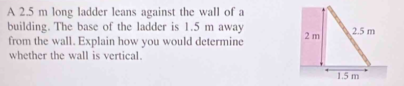 A 2.5 m long ladder leans against the wall of a 
building. The base of the ladder is 1.5 m away 
from the wall. Explain how you would determine 
whether the wall is vertical.