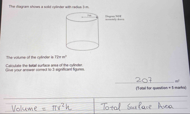 Solved: The diagram shows a solid cylinder with radius 3 m. Diagram NOT ...