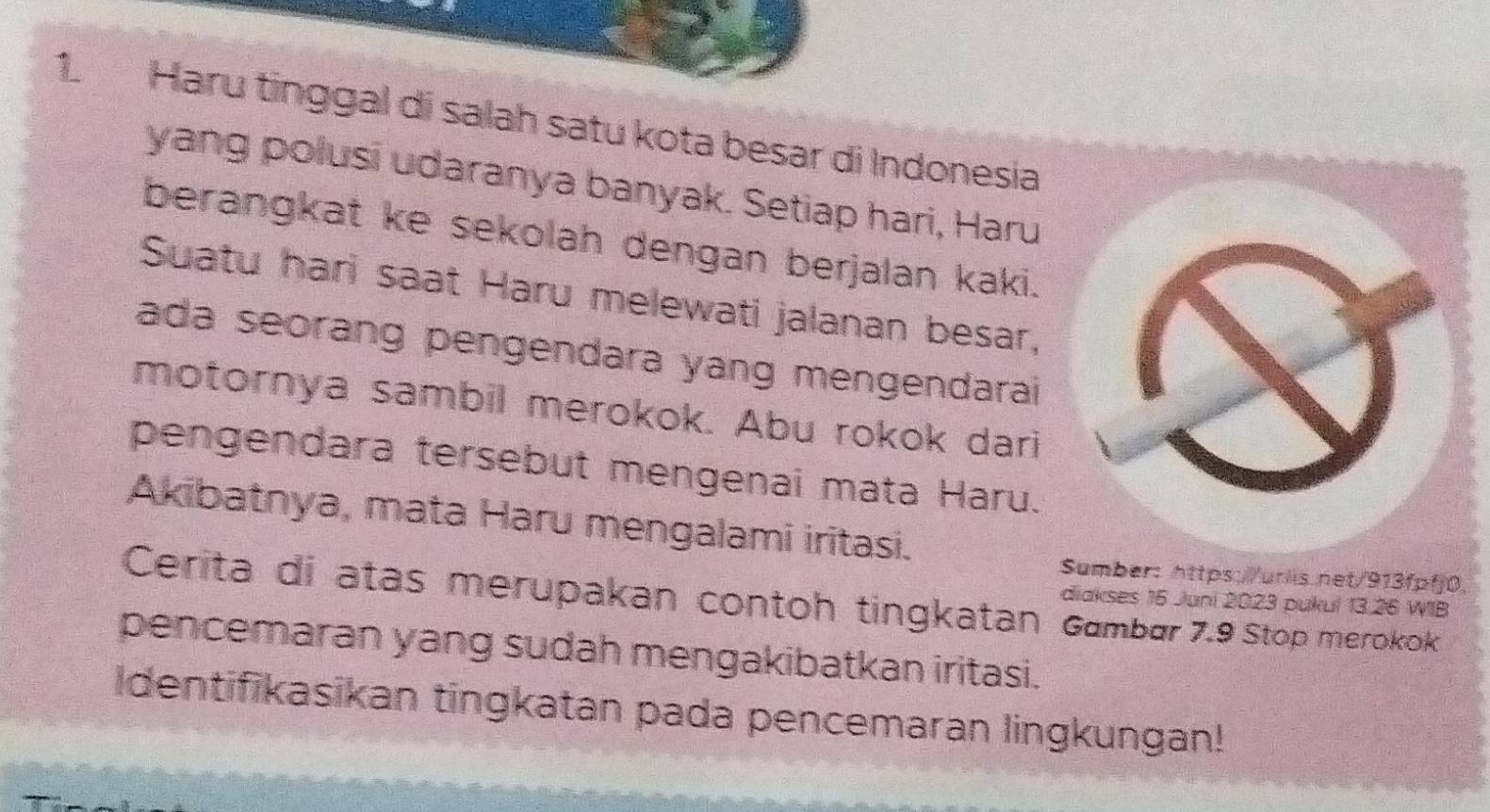 Haru tinggal di salah satu kota besar di Indonesia 
yang polusi udaranya banyak. Setiap hari, Haru 
berangkat ke sekolah dengan berjalan kaki. 
Suatu hari saat Haru melewati jalanan besar, 
ada seorang pengendara yang mengendarai 
motornya sambil merokok. Abu rokok dari 
pengendara tersebut mengenai mata Haru. 
Akibatnya, mata Haru mengalami iritasi. 
Sumber: https://urlis.net/913fpfj0. 
Cerita di atas merupakan contoh tingkatan Gambar 7.9 Stop merokok 
diakses 15 Juni 2023 pukul 13.26 WIB 
pencemaran yang sudah mengakibatkan iritasi. 
Identifikasikan tingkatan pada pencemaran lingkungan!